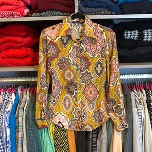 Zara yellow/brown/pink print long sleeve button down blouse size XS